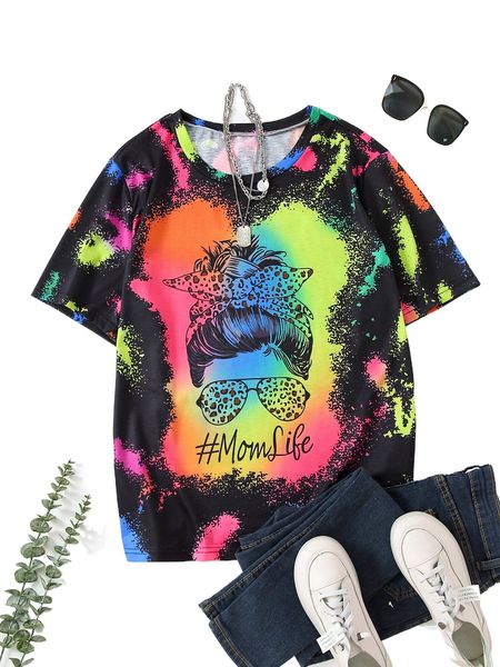 

plus 1pc letter & figure graphic tee o6lf#, Black