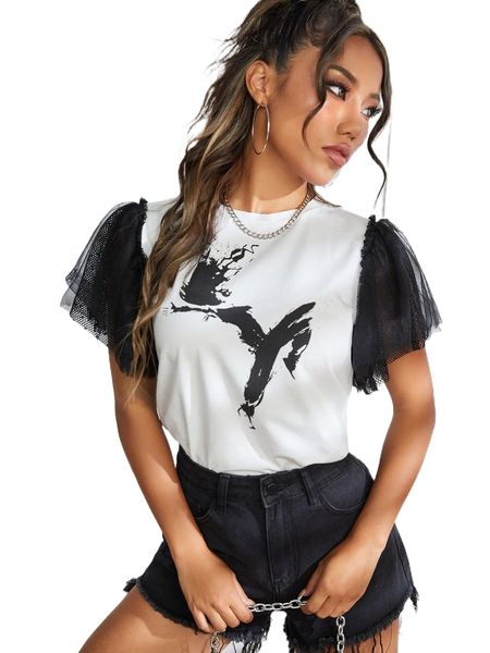 

x will fonseca brush print contrast mesh butterfly sleeve tee e7c4#, White