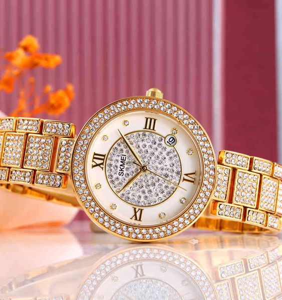 

2022 new in skmei 1739 luxury gold stainls steel band custom bling women lady wrist watch, Slivery;brown