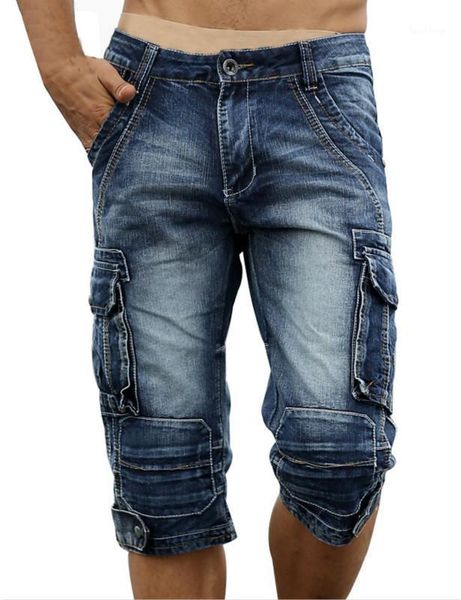 

men's jeans summer mens retro cargo denim shorts vintage acid washed faded multi-pockets military style biker short for men, Blue