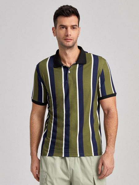 

men striped contrast collar polo shirt f1fv#, White;black