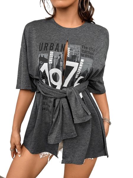 

skyscraper & letter graphic slit hem drop shoulder tee d9wo#, White