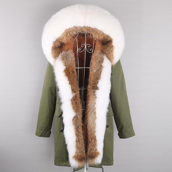 Pelliccia da donna Faux Russia Donna Colletto di procione naturale Cappotto vero Inverno 2022 Polsini con cappuccio abbinato a colori Capispalla spesso caldo Parka lungoDonna