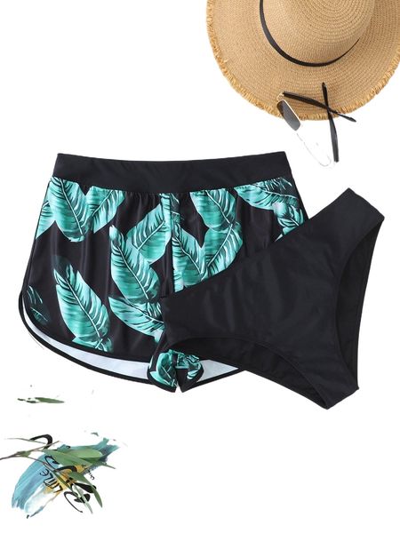 

2pack plus leaf print swim shorts with beach panty o9b1#, Black