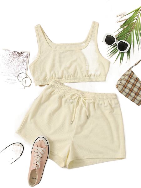 

solid crop tank & drawstring waist shorts i9dk#, White