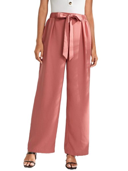 

solid tie front wide leg pants r0bm#, Black;white