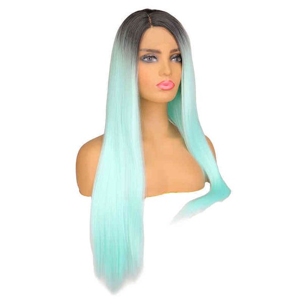 

suq long straight t lace front wig hair natural cosplay gluels black to mint green heat ristant daily wigs for women, Golden;white