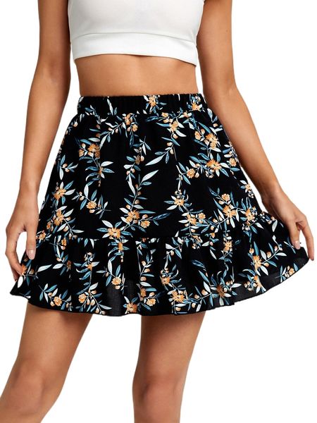 

allover floral print ruffle hem skirt 84de#, Black