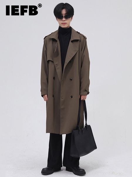 

men's trench coats iefb men's double breasted simple windbreaker with belt autumn fashion long coat oversized korean trend coats 9, Tan;black