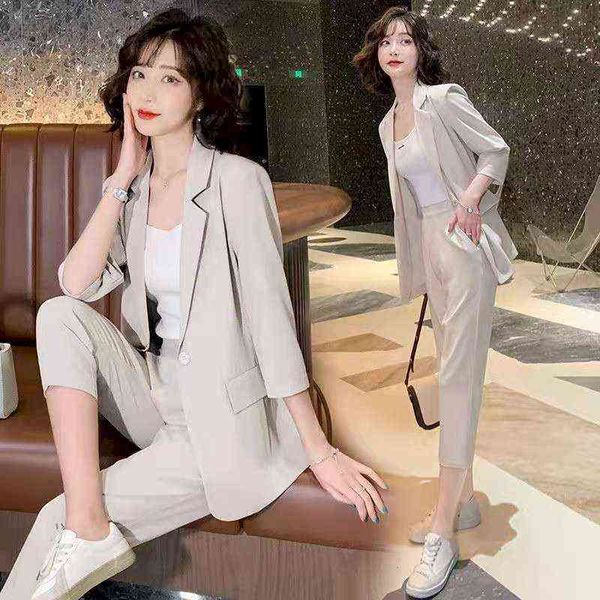 

women summer blazer sets women suit jacket korean fashion temperament cropped pants large size casual suits two piece sets j220813, White;black
