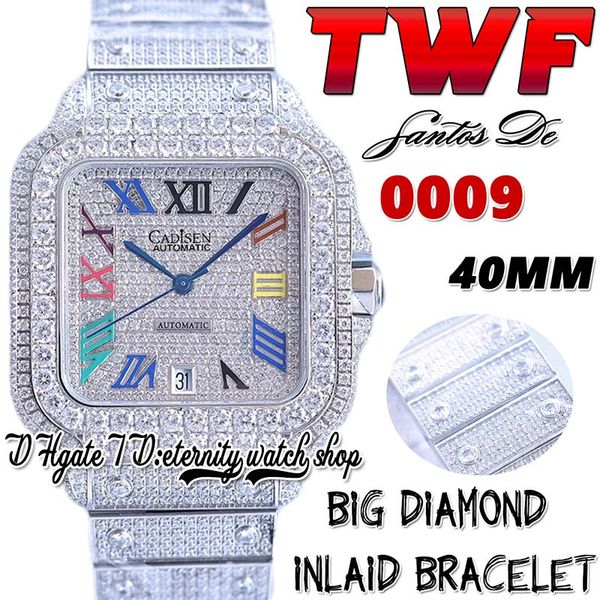

twf tw0009 japan miyota automatic mens watch big diamonds bezel fully iced out diamond dial rainbow roman markers stainless bracelet super e, Slivery;brown