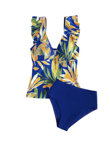 

plant print ruffle trim bikini swimsuit s2ar#, White;black