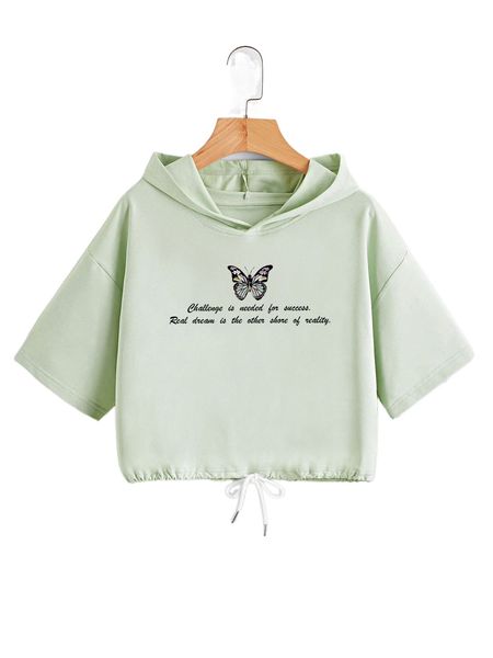 

slogan & butterfly print drop shoulder drawstring hem hoodie 18qh#, Black