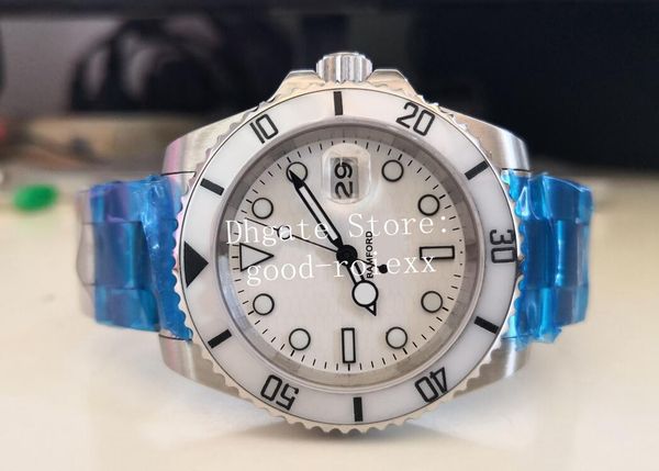 Orologi da uomo Orologio da uomo automatico in vetro zaffiro Bamford con lunetta in ceramica bianca Dive Sport Date 114060 Orologi da polso con corona