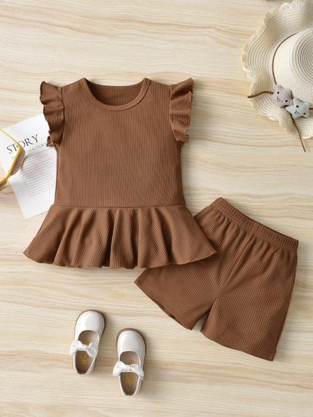 

toddler girls ribbed knit butterfly sleeve ruffle hem & shorts she, White