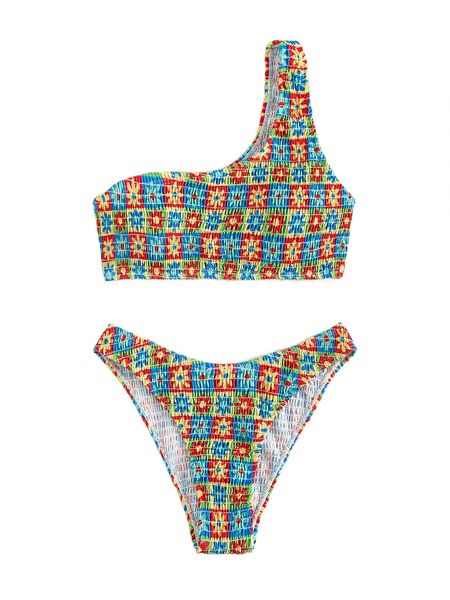 

floral & plaid smocked bikini swimsuit a5yj#, White;black
