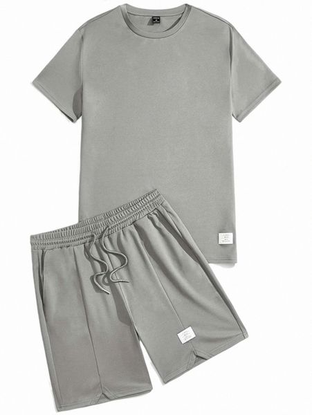

men patch detail tee & drawstring waist shorts d08q#, Gray