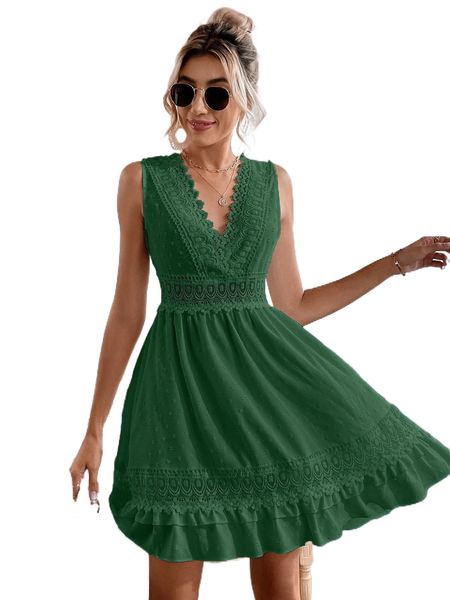 

a-line contrast lace tie back ruffle hem dress f0x9#, Black;gray