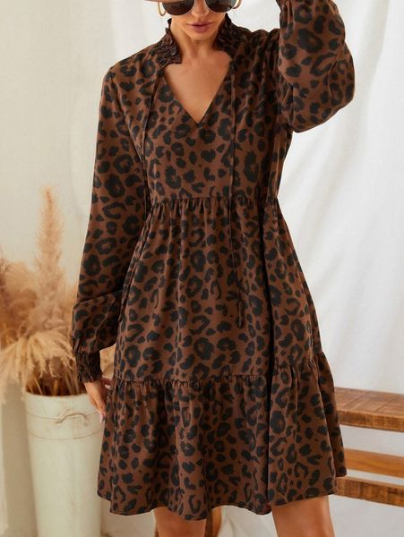 

leopard tie neck ruffle hem dress w2fo#, Black;gray