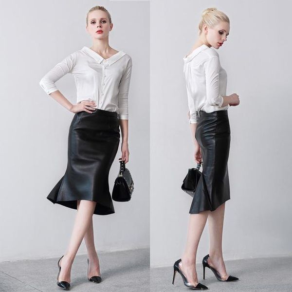 

skirts genuine leather skirt women real sheepskin elegant ladies black trumpet office work high waist midi female plus size
