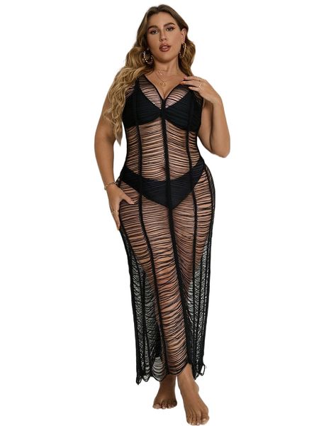 

plus crisscross open stitch cover up dress without bikini p58e#, Black