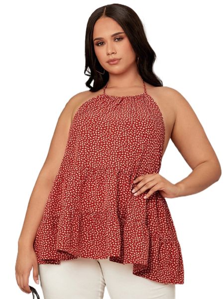 

plus tie backless ditsy floral peplum halter h2jl#, Black