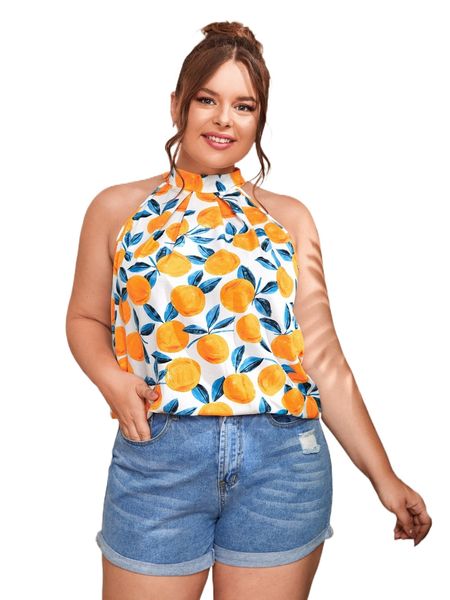 

plus fruit print tie back halter neck blouse h8gd#, Black