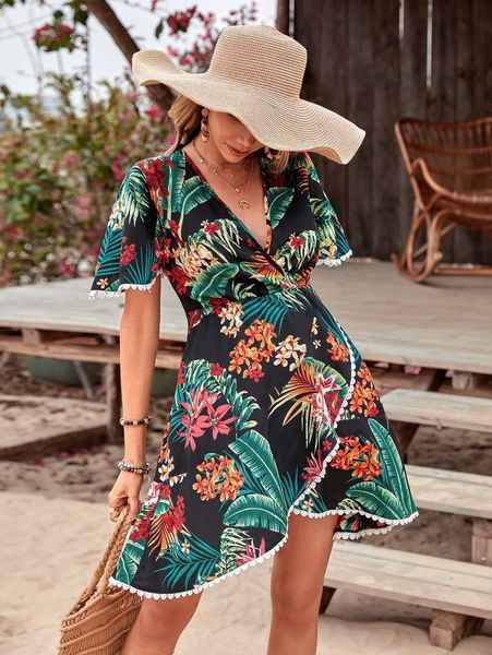 

tropical print surplice v neck lace trim dress s4bh#, Black;gray