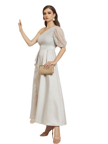 

one shoulder lace panel ruffle split hem dress y2zg#, Black;gray