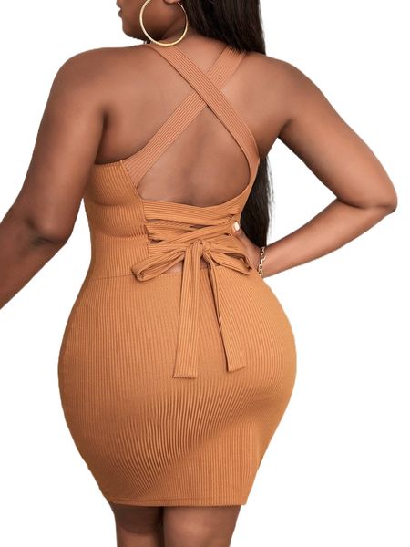 

sxy plus rib-knit crisscross tie backless bodycon dress 09pt#, Black