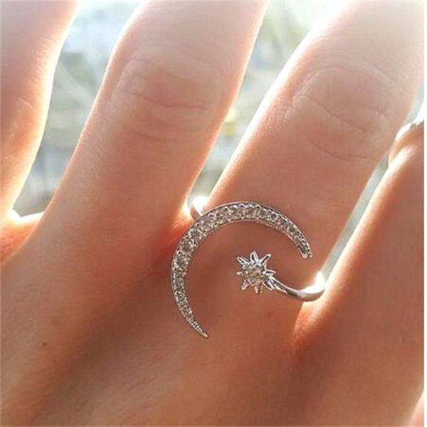 Anelli da dito aperti con stella lunare per donne Fedi nuziali regolabili in colore argento Regali per ragazze GC1392