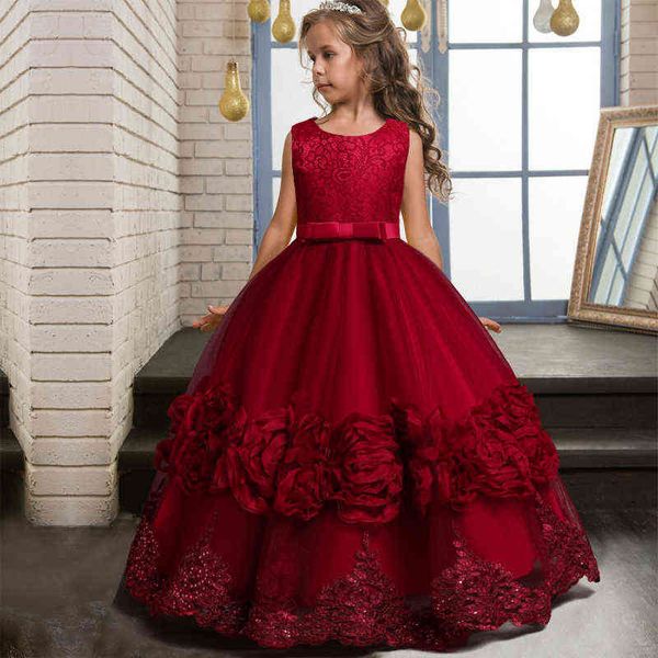 

2022 pageant kids evening dress for girl children costume fluffy lace princess dresses vestido flower girls wedding gown elegant y220510, Red;yellow