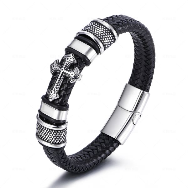 Bracciale rigido da uomo in pelle intrecciata nera, catena, acciaio inossidabile, croce, multifilo, classico, collegamento a preghiera, braccialetto, gioielli punk, chiusura magnetica