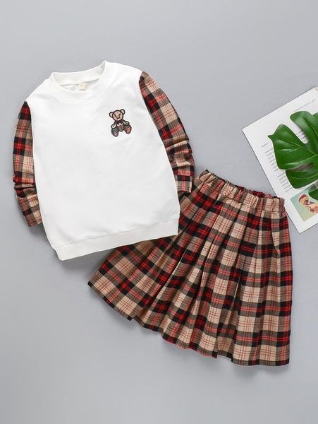

toddler girls tartan bear embroidered sweatshirt & pleated skirt she, White