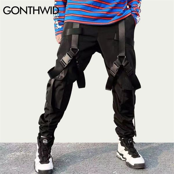 

gonthwid multi buckle ribbons pockets joggers cargo harem pants streetwear men autumn hip hop casual sweatpants male pants 201128, Black