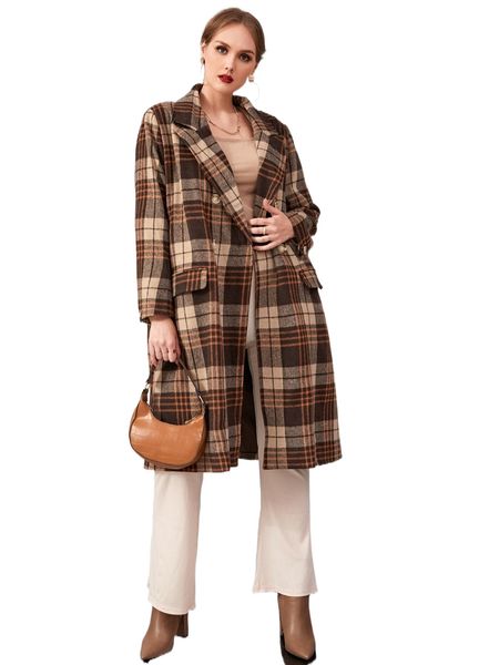 

plus tartan print double button overcoat m6bb#, Black