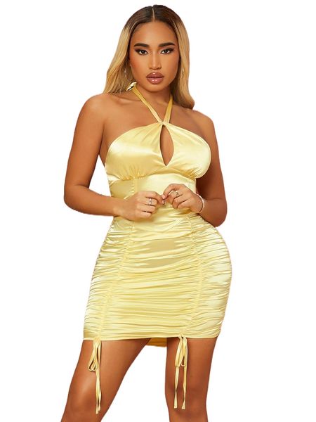 

sxy tied backless ruched drawstring knot satin bodycon dress x9ar#, Black;gray