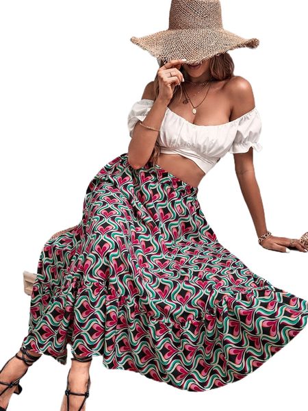 

allover heart print ruffle hem skirt x706#, Black