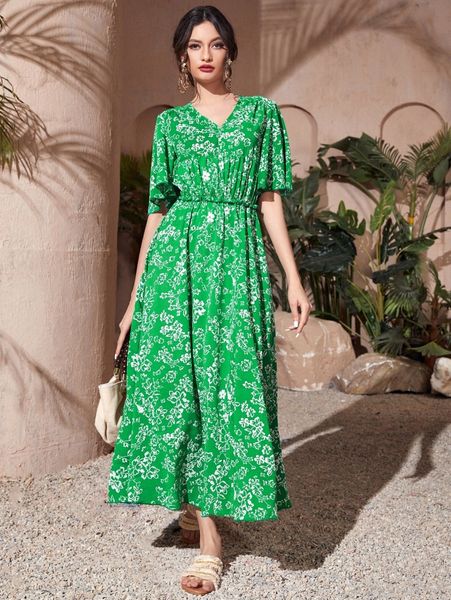 

allover floral print flutter sleeve frilled waist dress z4sl#, Black;gray