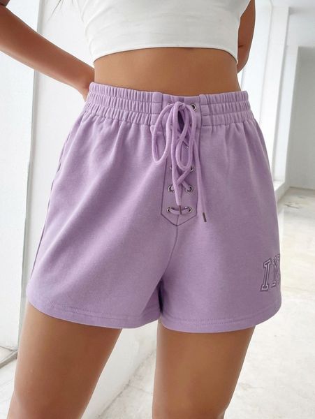

letter embroidery lace up front shorts a6x9#, White;black