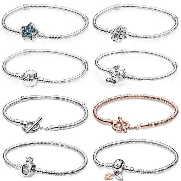 

2020 new 100% 925 sterling silver moments t-bar snake crown o snake chain bracelet fit women original fashion jewelry gift aa220315, Golden;silver