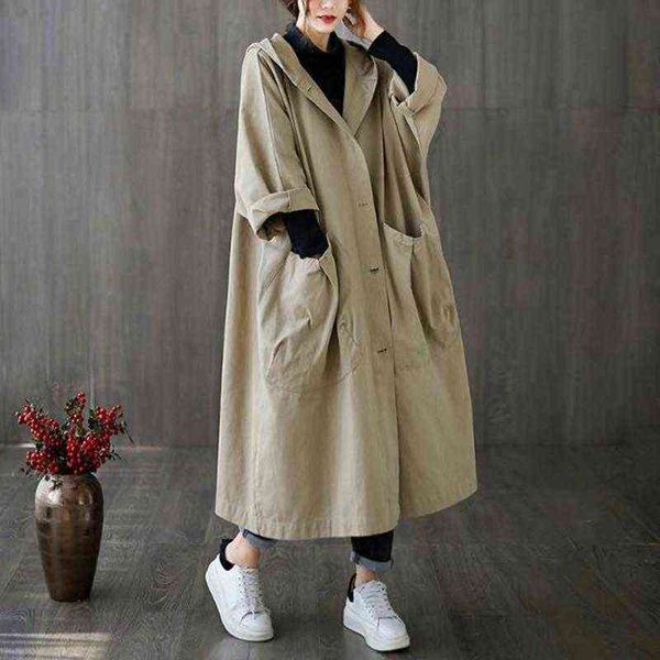 

women's trench coats 2021 arrival spring/autumn women casual loose long sleeve hooded collar coat single breasted cotton p135 t220811, Tan;black