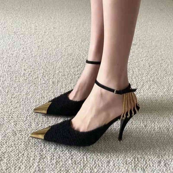 

slippers spring and summer black banquet high heels pointed thin leather single shoes fairy baotou sandals