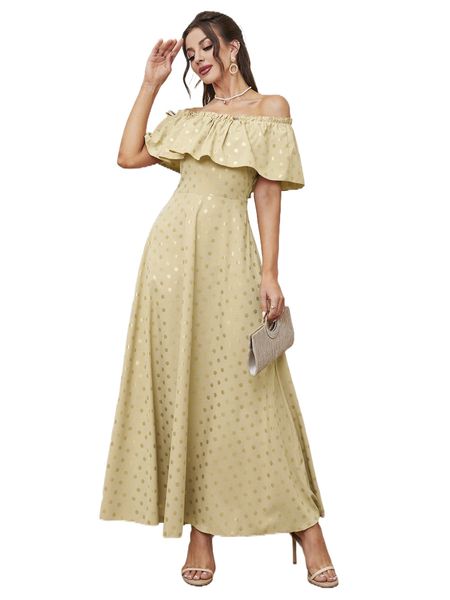 

polka dot ruffle trim off-the-shoulder dress l3wv#, Black;gray