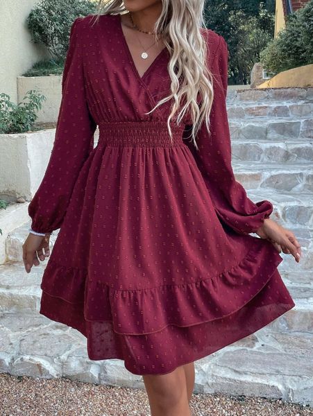 

swiss dot surplice v neck shirred waist dress n3o1#, Black;gray