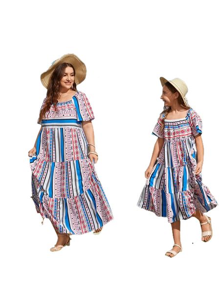 

plus 1 pc geo & striped print dress y9j5#, Black