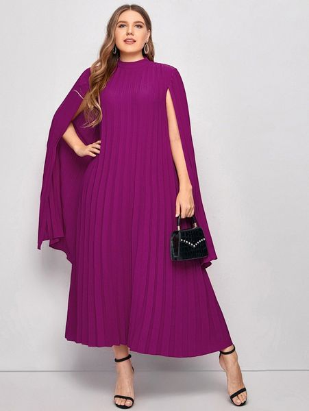 

plus pleated solid cape dress 37wx#, Black