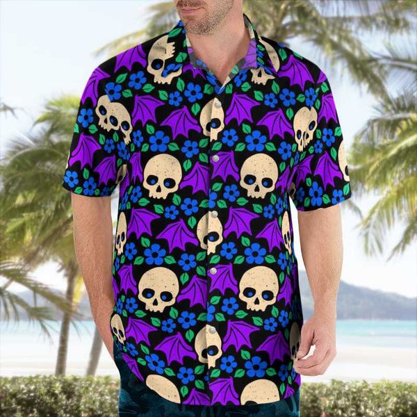 Camisas casuais masculinas crânio 3d praia roxa havaiana 2022 Summer Men camisa de manga curta