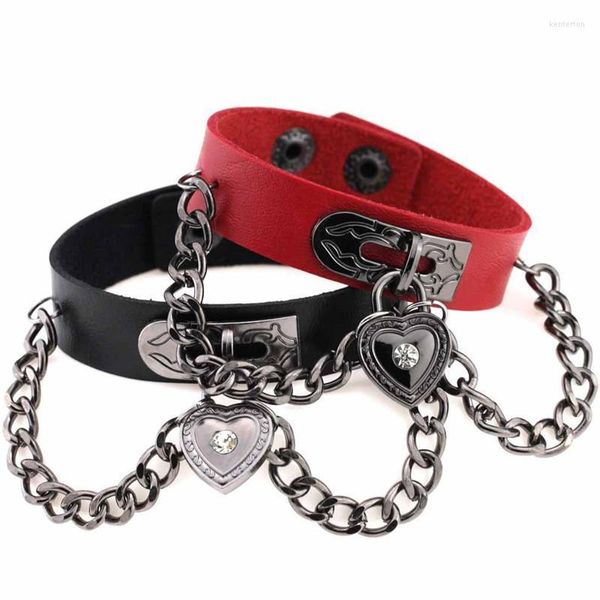 Charme Armbänder Vintage Herz Anhänger Punk Armband Für Frauen Männer Metall Kette Gothic Schwarz Kunstleder Armreifen Party Schmuck Geschenk Ken