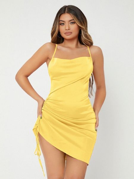 

drawstring ruched crisscross cami satin dress e4pc#, Black;gray